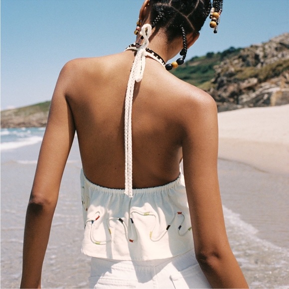 Zara Embroidered Crop top Ruffle hem Size Large NWT - Picture 3 of 6